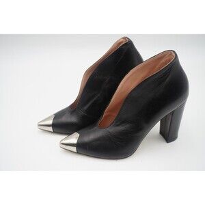 Avitto Leather Metallic Toe Cap Vamp Cut Pointed Toe Black Ankle Block Heel 38